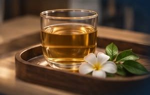 A glass of golden herbal tea on a wooden tray with a frangipani flower